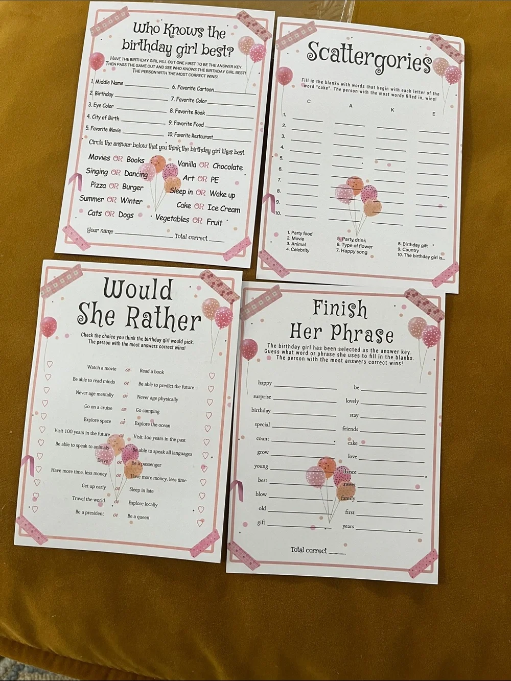 20 sheets of Party Games Set with 24 Pink Pencils